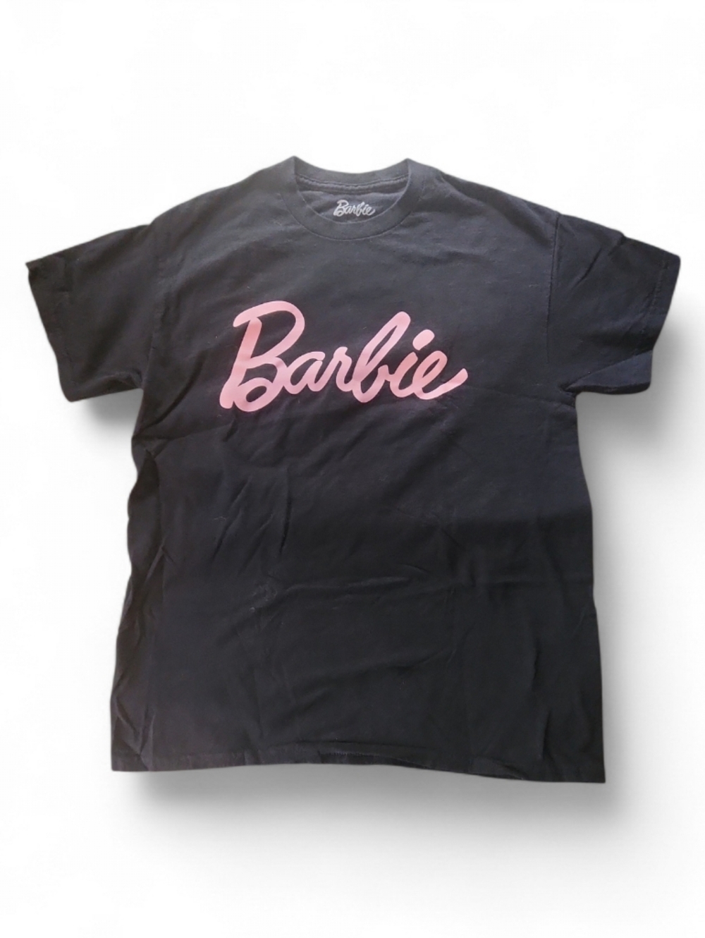 Barbie Black T-Shirt with Pink Script Logo - Short Sleeve Tee Medium